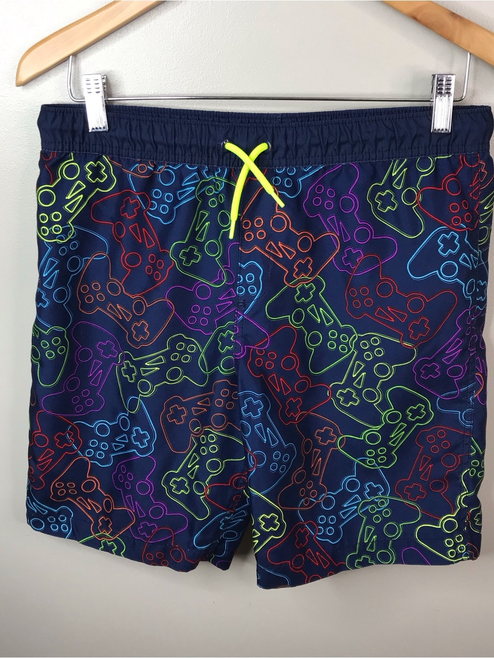 Lands' End Navy Swim Shorts with Neon Game Controller Print Boys Sz XL 14H-16H